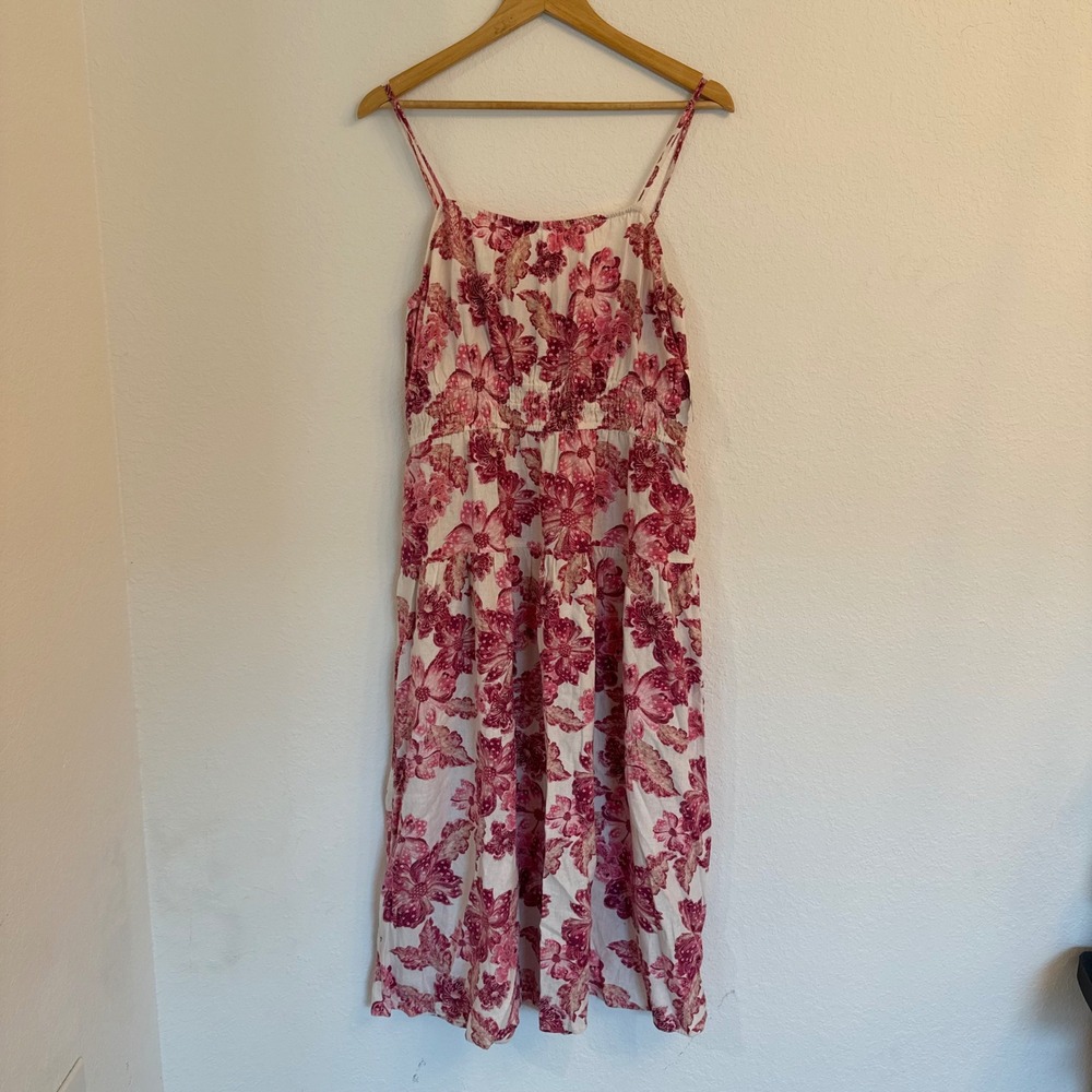 Old Navy Floral Midi Dress Womens Large Pink White Linen Blend Smocked NWT